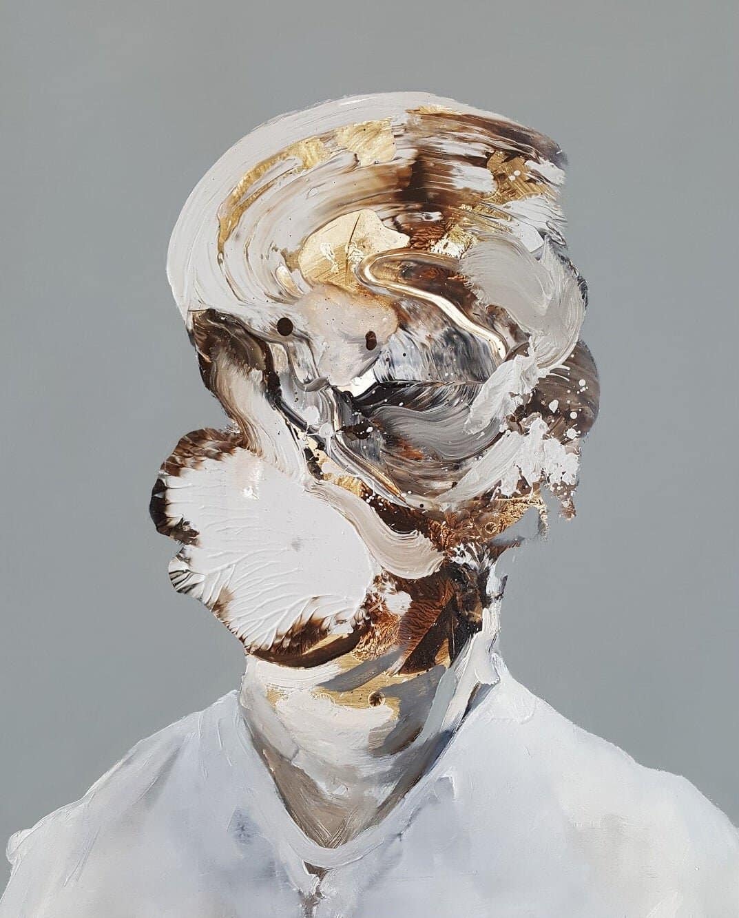 Vivid abstract portrait with swirling metallic paint on human face, modern art, artistic expression.