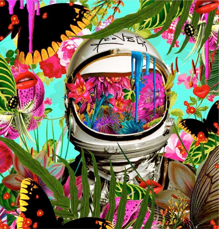 David Krovblit Pieces Together Blooming Collages By Hand Colorful astronaut helmet filled with vibrant tropical flowers and abstract elements, surrounded by nature and butterflies for artistic design.