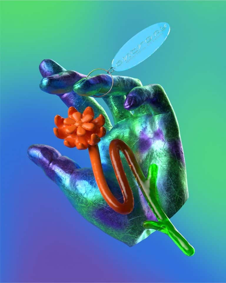 David Porte Beckefeld Puts Life Into Groovy 3D Stills And Motion Vibrant digital art hand with colorful abstract flower and sale tag, modern graphic design for creative branding.