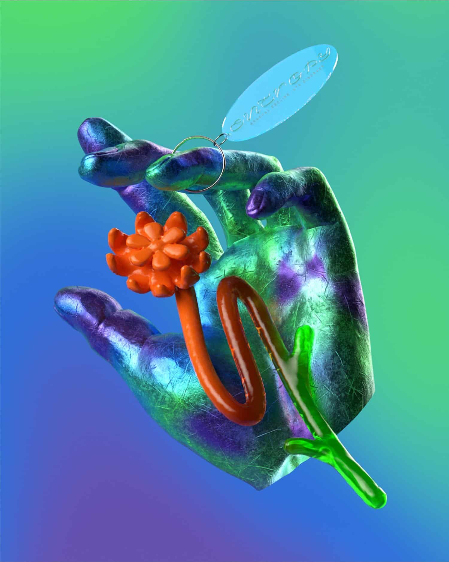 Vibrant digital art hand with colorful abstract flower and sale tag, modern graphic design for creative branding.