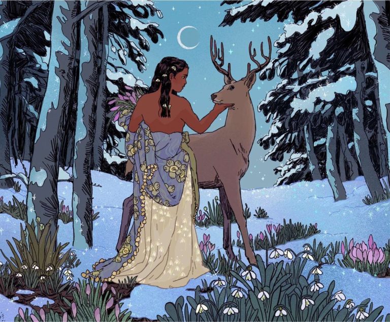 Em Niwa Imagines Bold And Psychedelic Nature Illustrations Magical winter scene of a woman with a deer in snowy forest, fantasy art, enchanting nature setting, peaceful woodland, mystical ambiance, floral details.