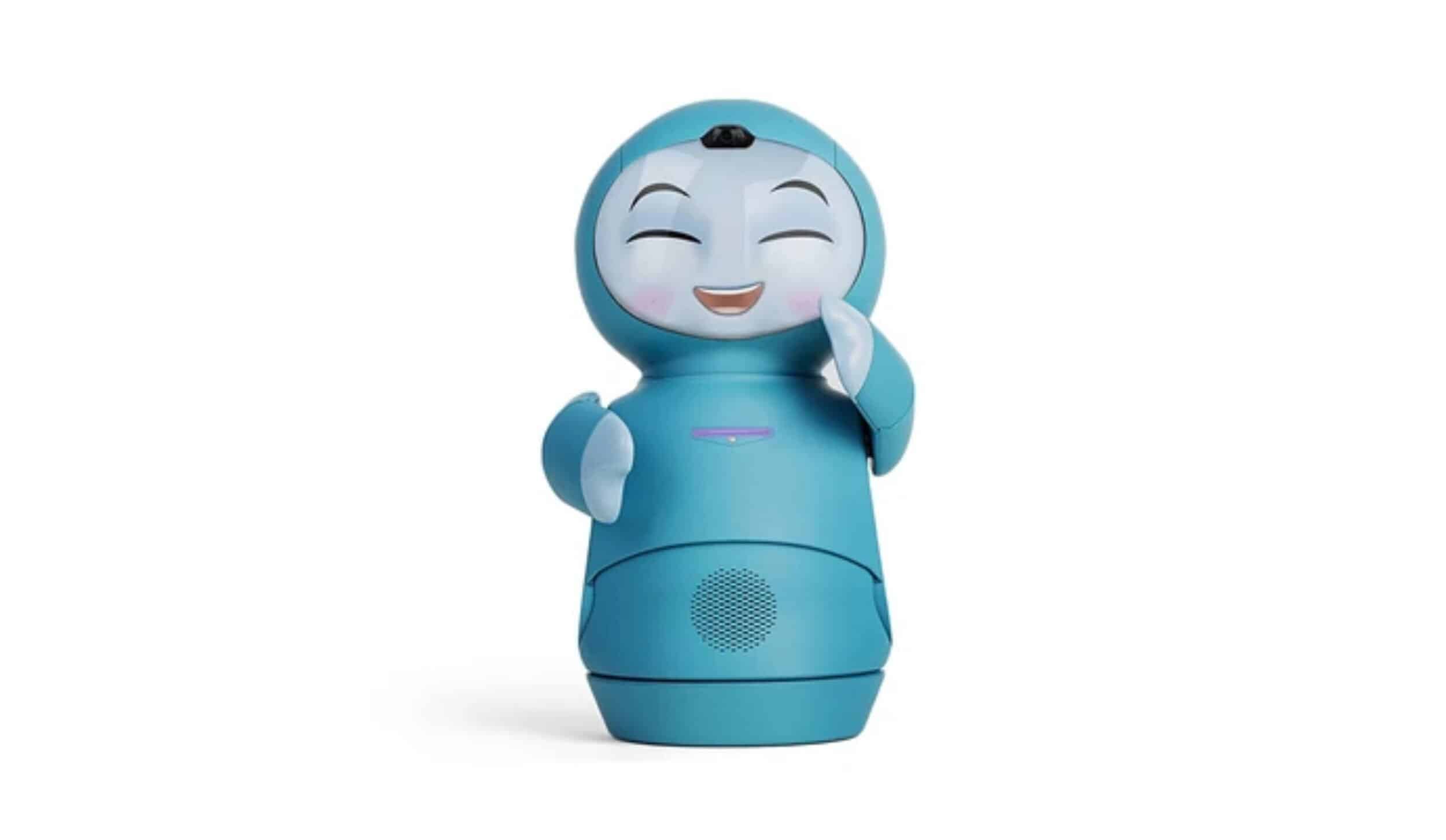 Cute robot with a friendly, smiling face, designed for customer service and entertainment.