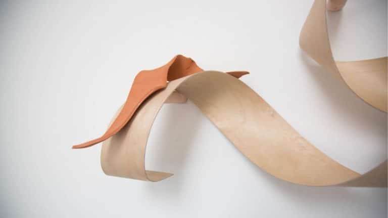 Emily Stollery Unifies The Disparate Materials Sculptural wooden and clay art piece, contemporary abstract wall decor, minimalistic home interior sculpture.