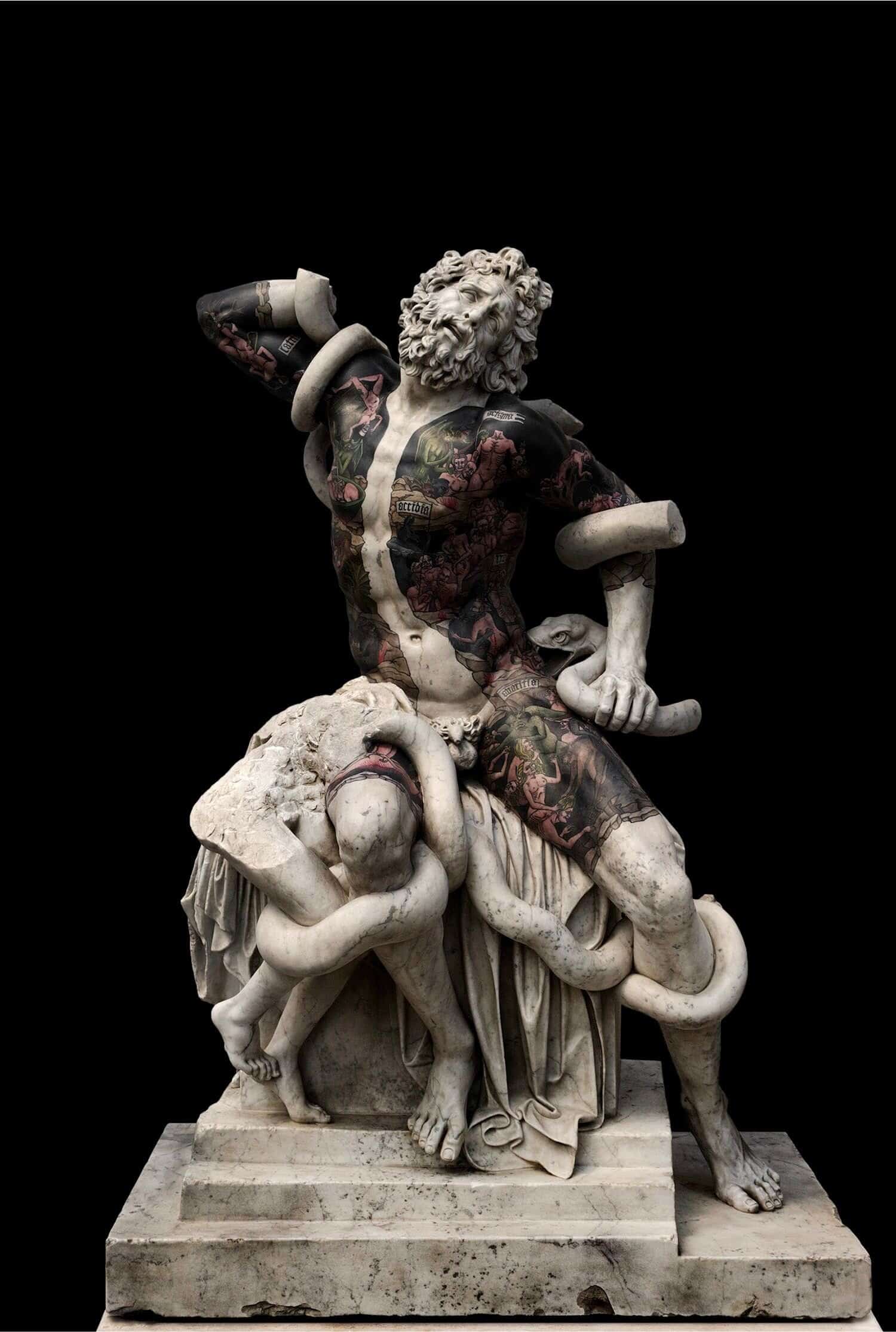 Intriguing ancient marble sculpture combined with modern tattoos, creating a unique artistic fusion of classical and contemporary art.