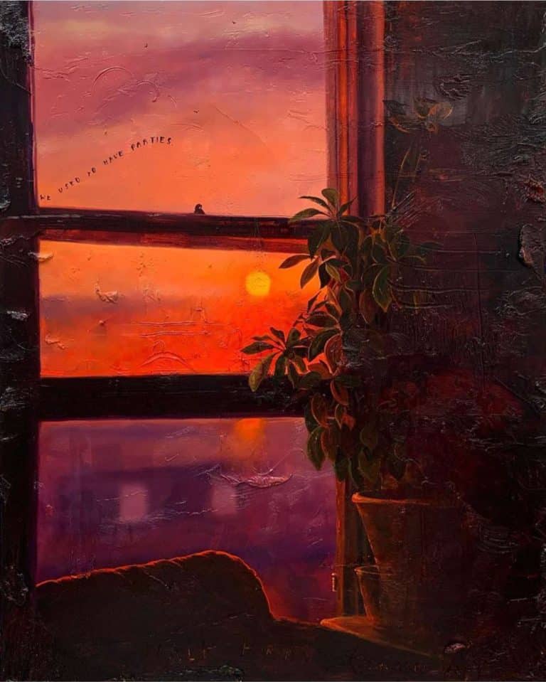 Friedrich Kunath Paints And Sculpts Magnificent Sights Sunset view through a rustic window with a potted plant, vibrant colors, and a handwritten message. Stunning image of natural beauty and cozy interior decor.