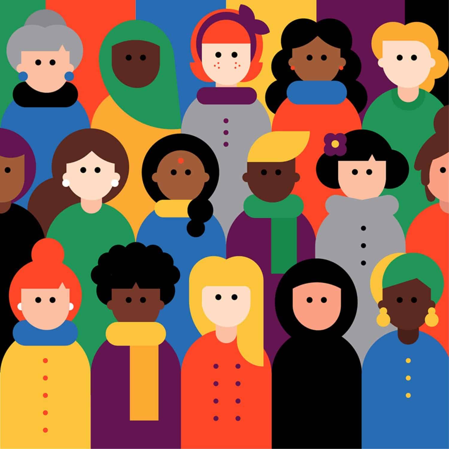 People diverse cultural backgrounds illustrated women and men in bright colorful clothing and accessories.