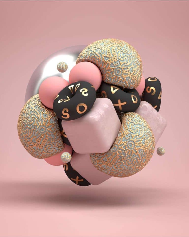 Honear Impresses With Cutting Edge 3D Visuals For The Modern World Colorful abstract 3D art with geometric shapes and patterns on a pink background.