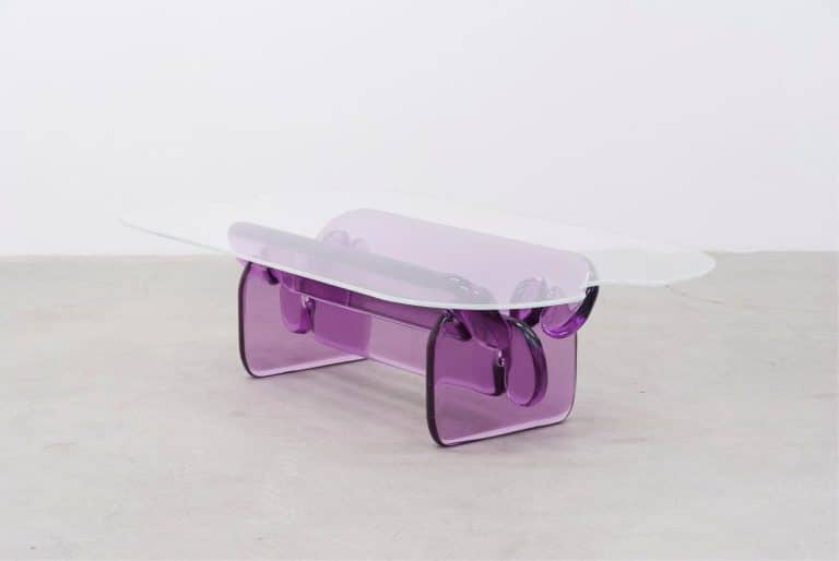 Translucent Plump Table Inspired By Structure Material Vase with purple tinted acrylic sides and transparent acrylic top, modern minimalist decorative object.