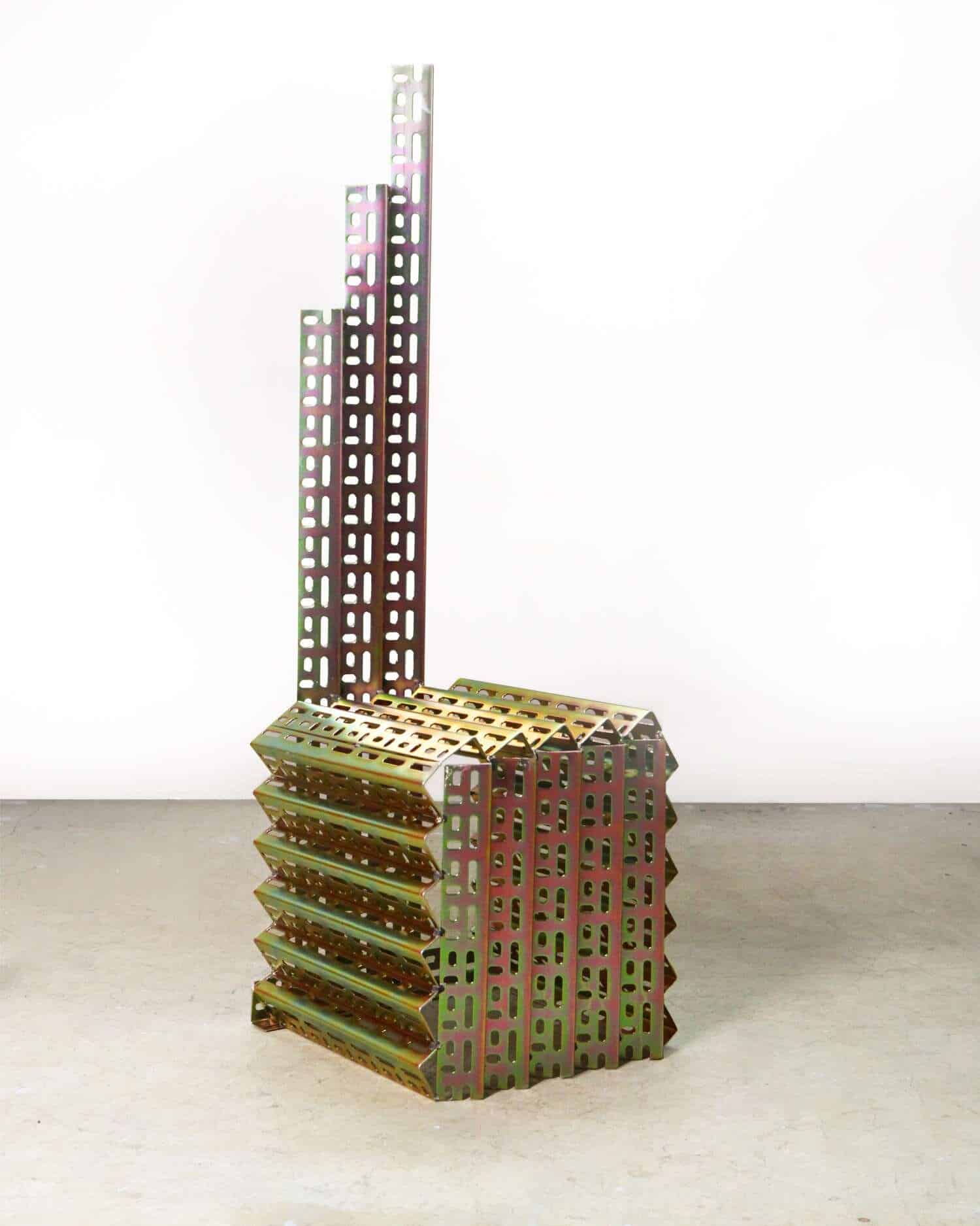 Colorful geometric metal shelving unit with adjustable storage, modern industrial design for home and office decor.