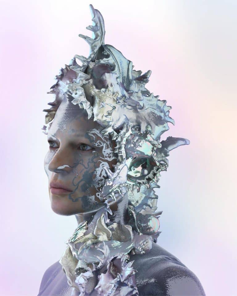 Jon Emmony Astounds The Masses With Thrilling Digital Imagery Of Technologic Exploits Futuristic woman with metallic, abstract headpiece inspired by modern digital art and sculpture, showcasing innovative design and creativity.