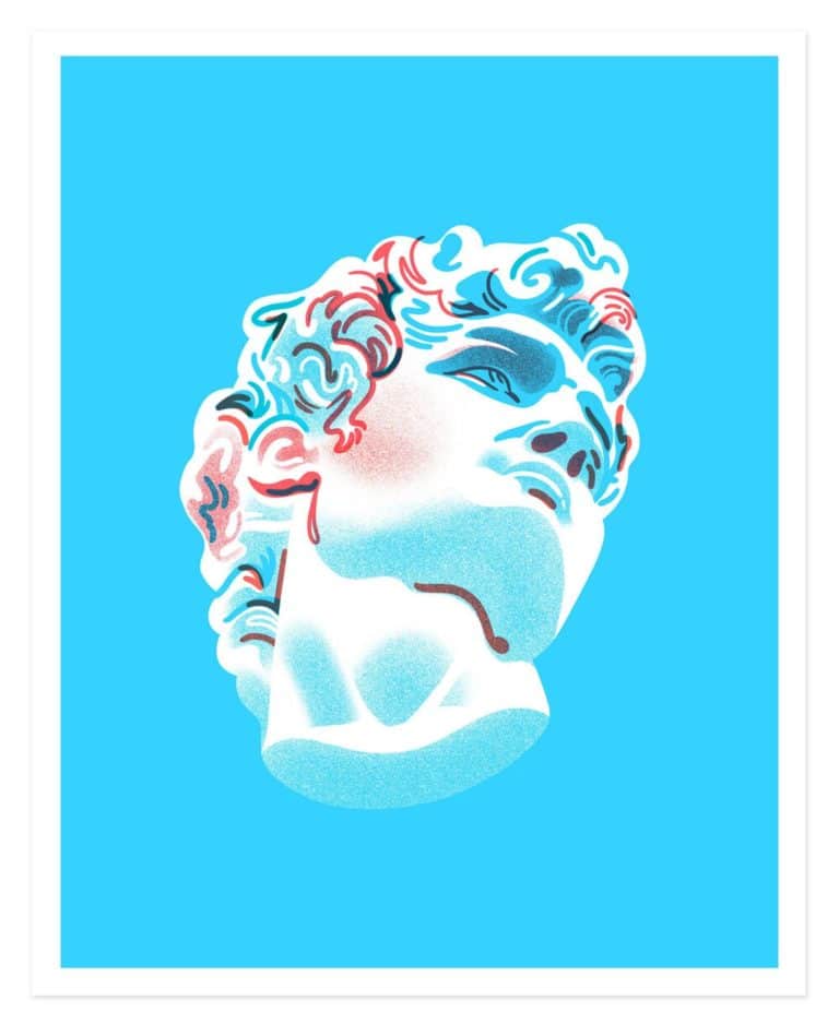 Jordan Kay Creates Award-Winning Groovy Illustrations And Designs Vivid stylized illustration of a classical sculpture bust on bright blue background.