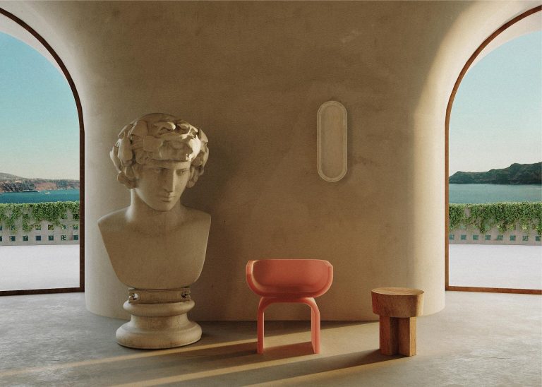 Joris Poggioli Links The Architecture And Design Ancient style bust sculpture inside a modern coastal home with large arched windows and view of the sea.