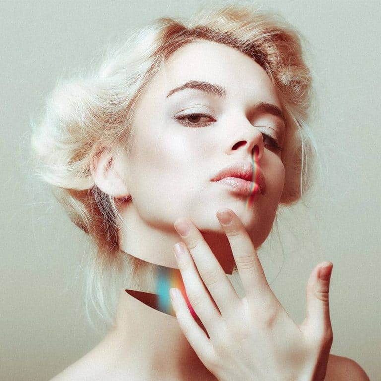 Josh Herrington Creates TriColored And Galaxy Like Surrealism Art Soft blonde woman with radiant skin and elegant makeup, portrait photography, artistic and ethereal style, high-quality aesthetic image.