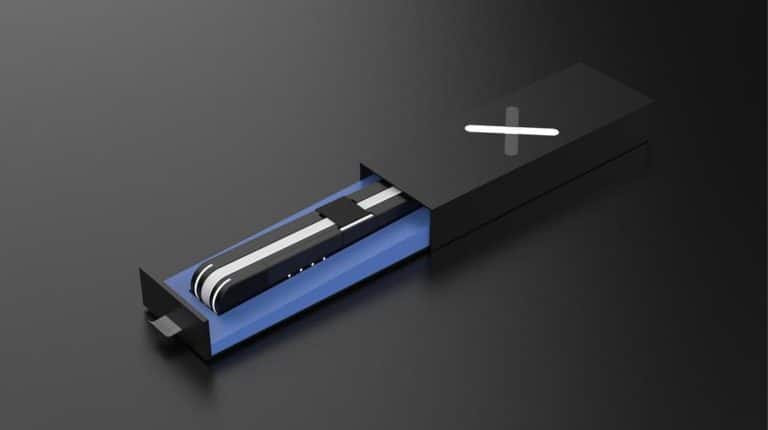 Small black and blue electronic device with sliding mechanism and LED lights, modern and sleek design.