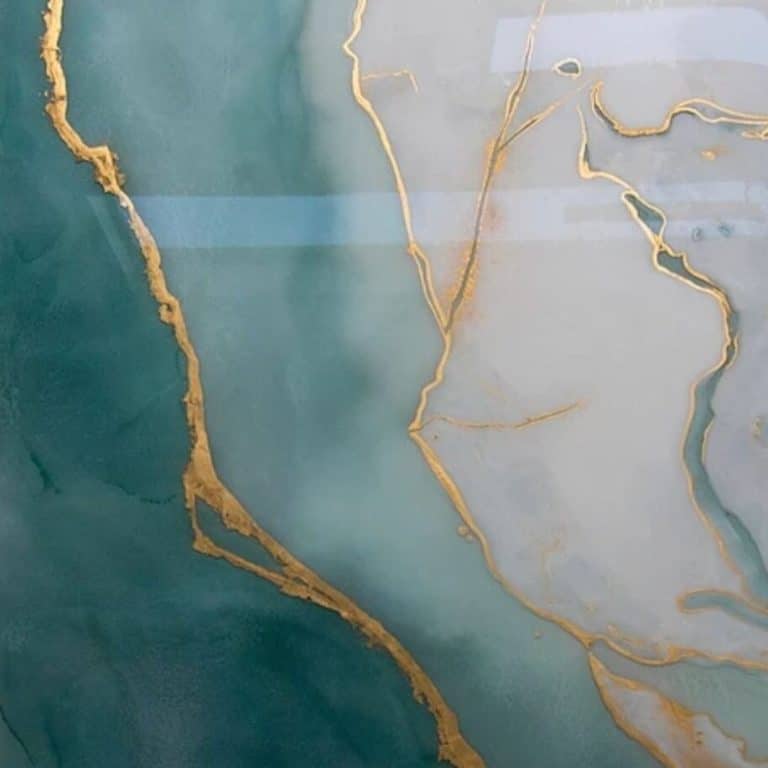 Kim Rose Creates An Increasingly Immersive Experience Vibrant turquoise and gold marble pattern for luxurious interior design.