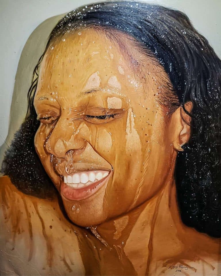Kingsley Ayogu's Hyperrealistic Paintings Crack Open Humanity In A Poetic Way Water dripping portrait of joyful woman with closed eyes and big smile, hyper-realistic painting, acrylic art, vibrant colors, emotional expression, fine art, highly detailed.