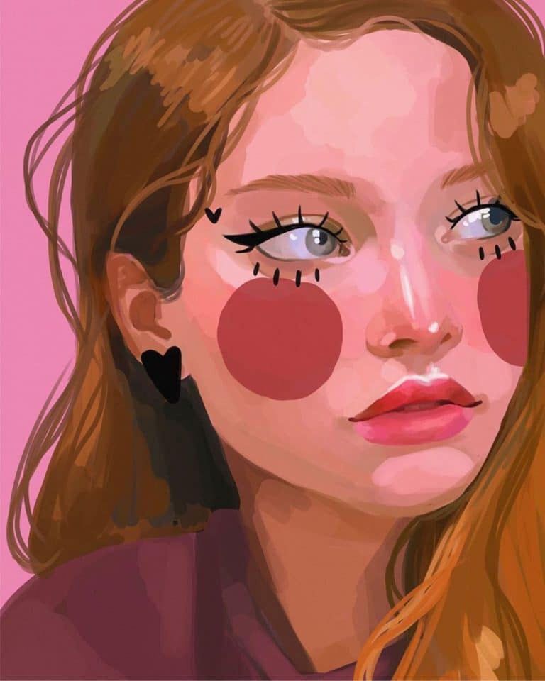 Swiss Artist Layana Dazzles With Bright Digital Portraits Soft illustrated portrait of a young woman with colorful makeup and accessories, pink background.