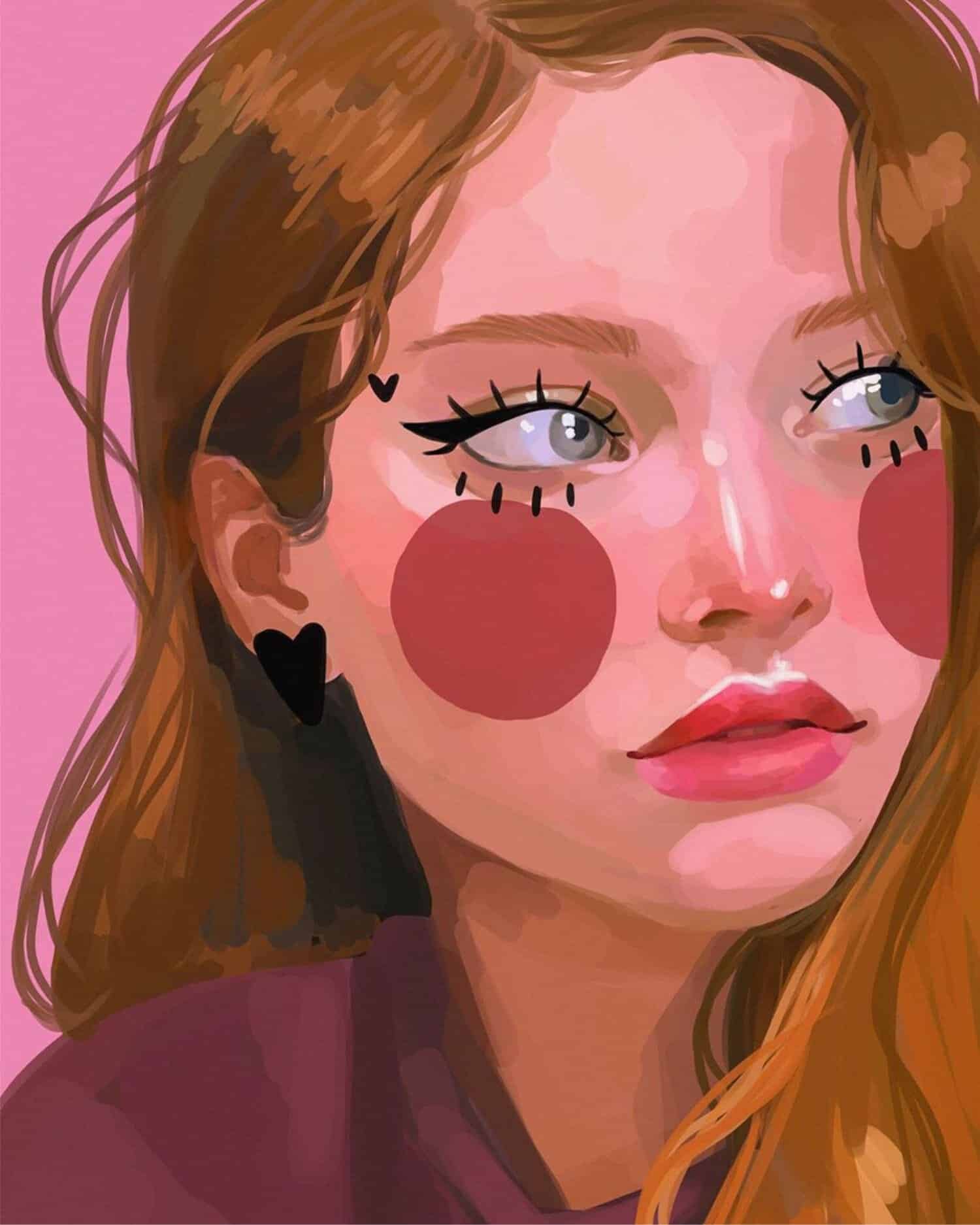 Soft illustrated portrait of a young woman with colorful makeup and accessories, pink background.