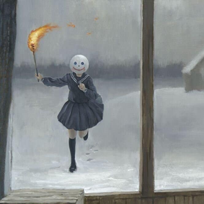 Leegan Koo Drenches Consumer Icons In Surrealist Visions A girl in a school uniform holding a lit firework torch with a smiley face mask on her face.