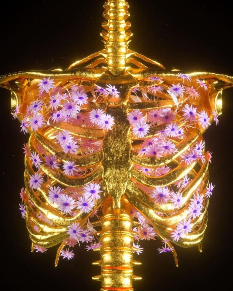 Leonardo Silva Brings To Life A 3-D And Neon Wonderland Gilded ribcage with glowing flowers and intricate golden spine art, blending biomorphic design with luminous floral elements.
