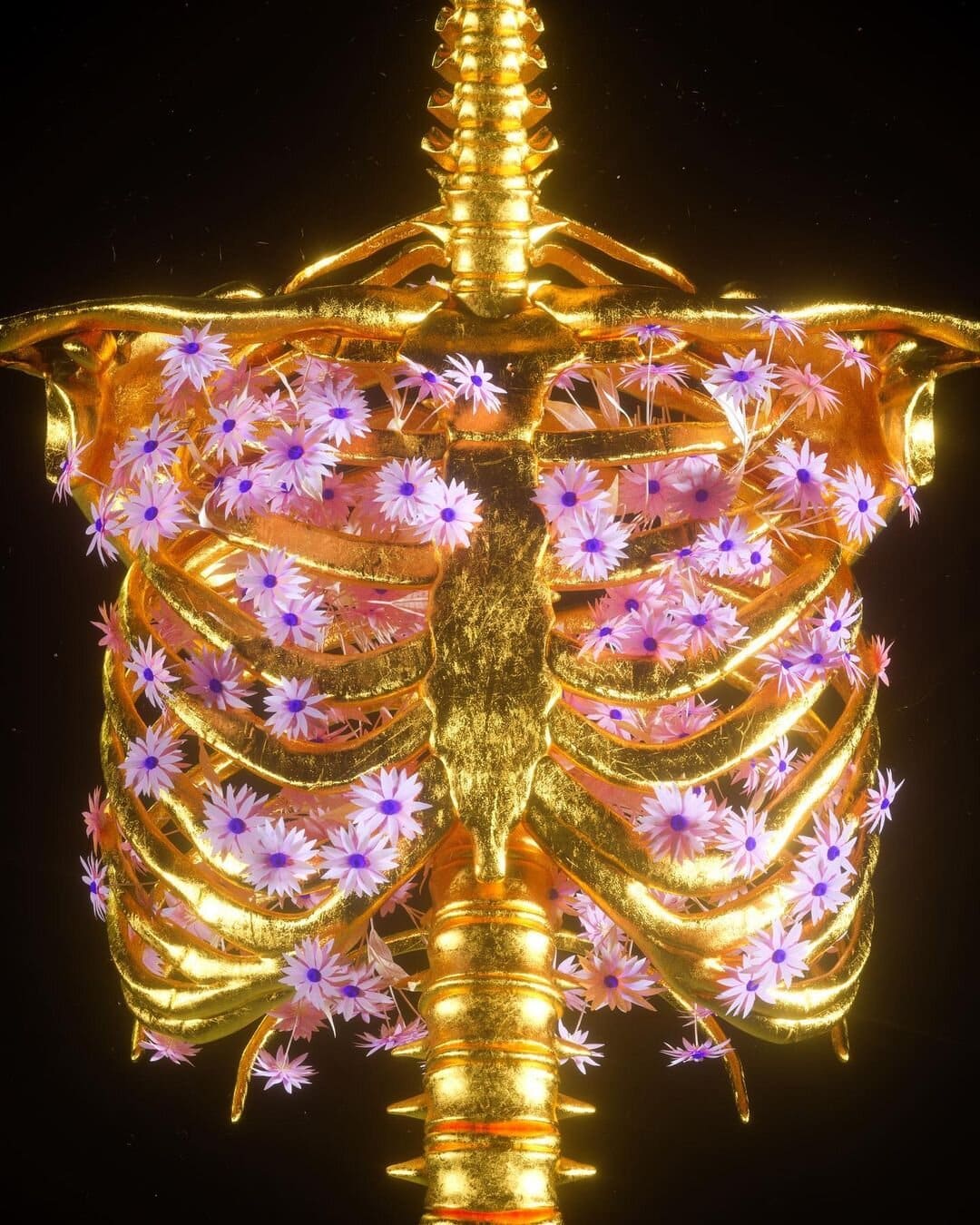 Gilded ribcage with glowing flowers and intricate golden spine art, blending biomorphic design with luminous floral elements.