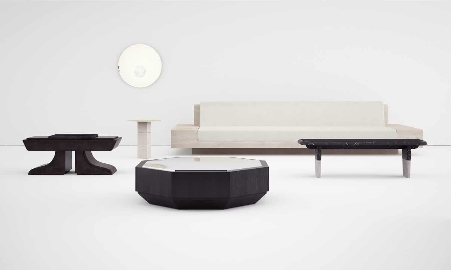 Sleek modern furniture collection featuring minimalist black, white, and beige designs for stylish interiors.