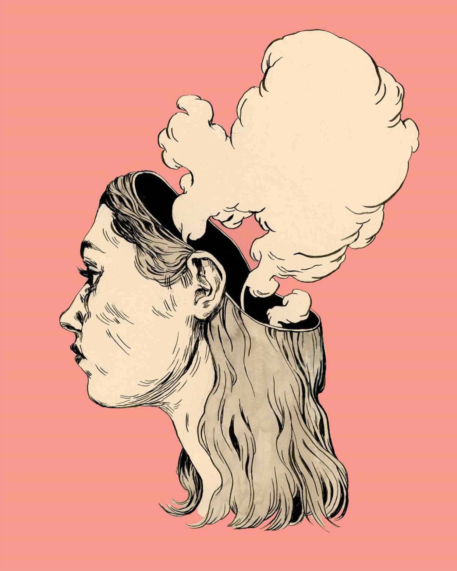 Thoughts and Emotions Concept Illustration, Abstract Woman with Cloud of Ideas Overhead, Artistic Mental Health Representation, Colorful Creative Artwork, Modern Dreamy Design.