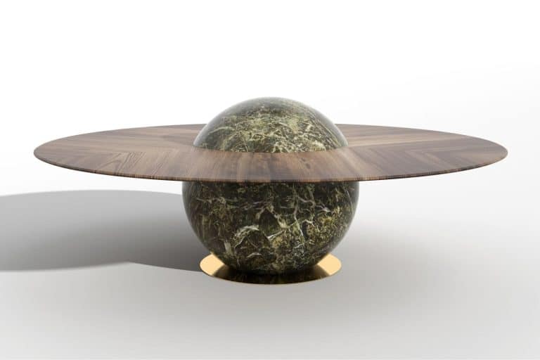 Astral Tables' Utopian Geometry By Marc Ange Marble and wood modern coffee table with spherical marble base and round wooden top.