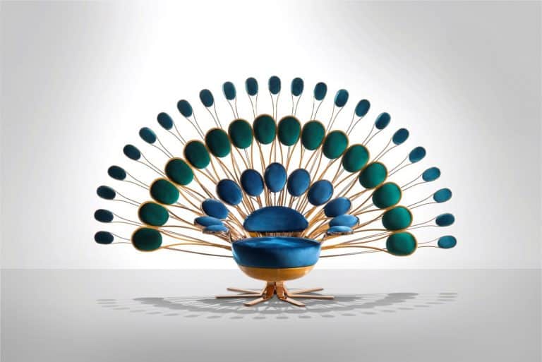 Marc Ange Explores The Idea Of Seduction And Extravagant Existence Colorful peacock-inspired modern lounge chair with velvet cushions and artistic metallic frame.