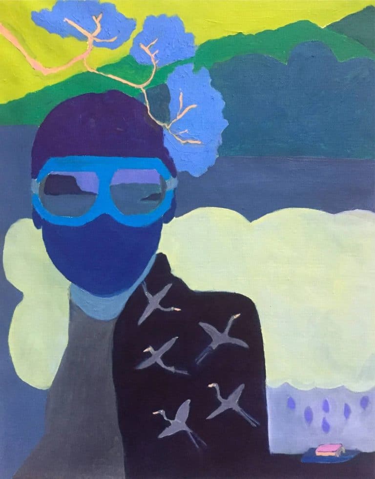 Margaux Derhy Studies The Secret Life Of Colors Vivid colorful abstract portrait with a person wearing glasses and a face mask, set against a nature-inspired background.
