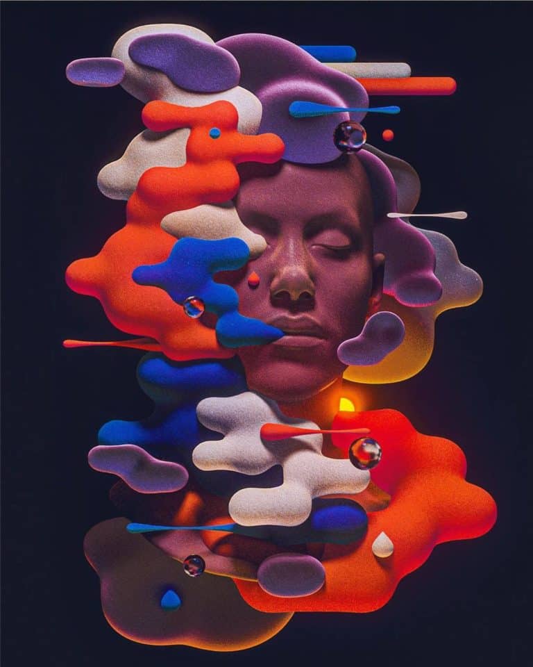 Mark Constantine Inducil Depicts 3D Mystical Abstractions Vibrant abstract digital art featuring a serene face surrounded by colorful amorphous shapes and reflective spheres.