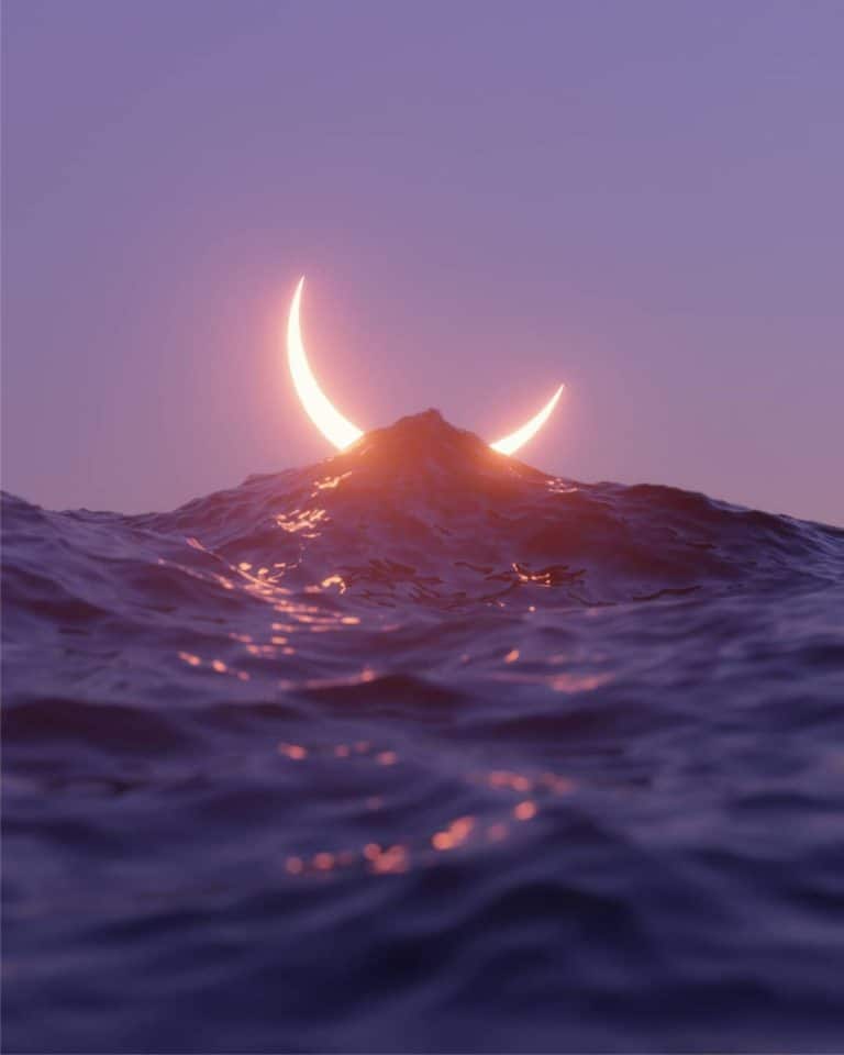 Immersion Into A Chromatic Vastness From The Lens Of Matias Alonso Revelli Double crescent moon over ocean waves at sunset, surreal seascape with mystical celestial ambiance, vibrant purple sky, and glowing lunar elements.