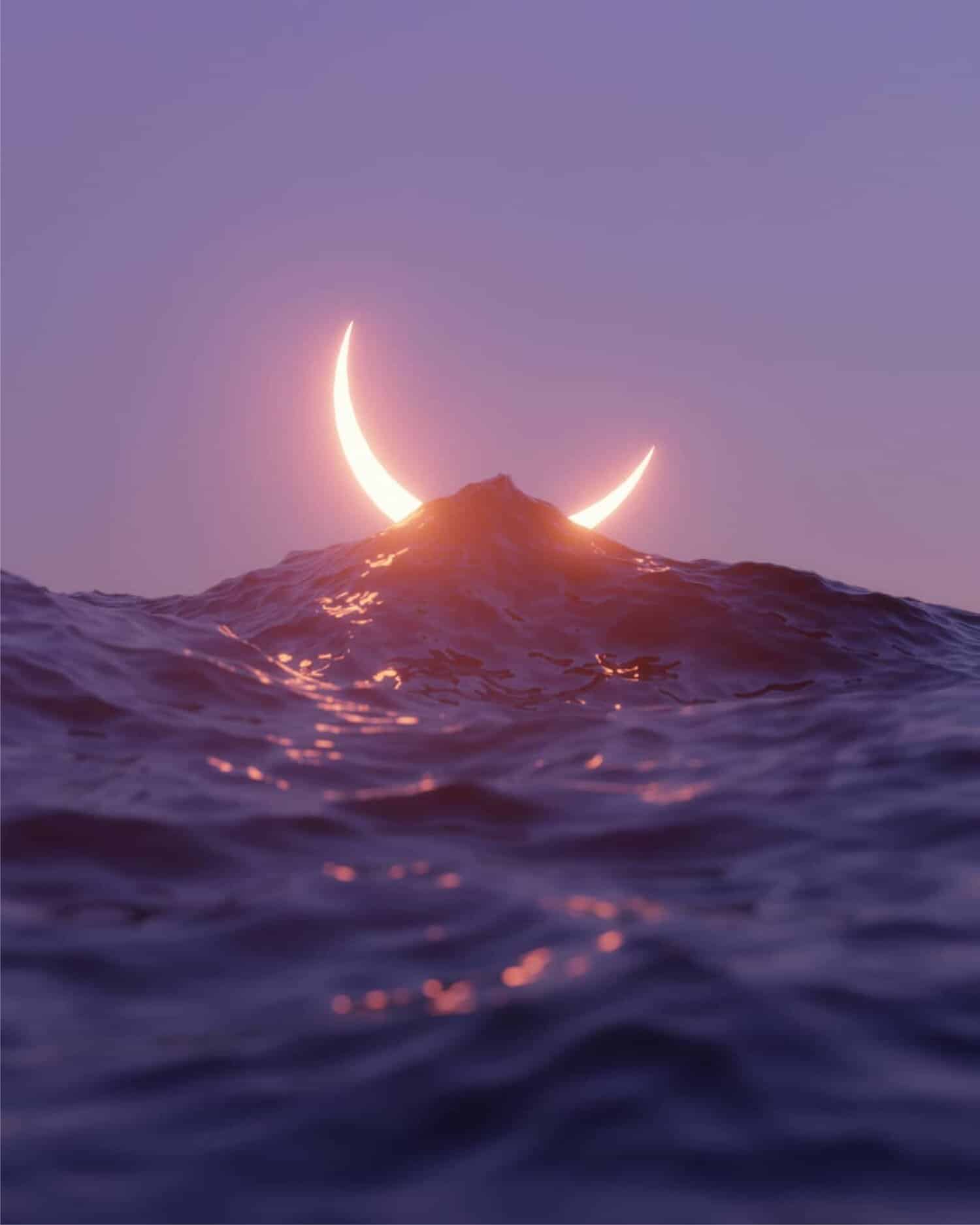 Double crescent moon over ocean waves at sunset, surreal seascape with mystical celestial ambiance, vibrant purple sky, and glowing lunar elements.