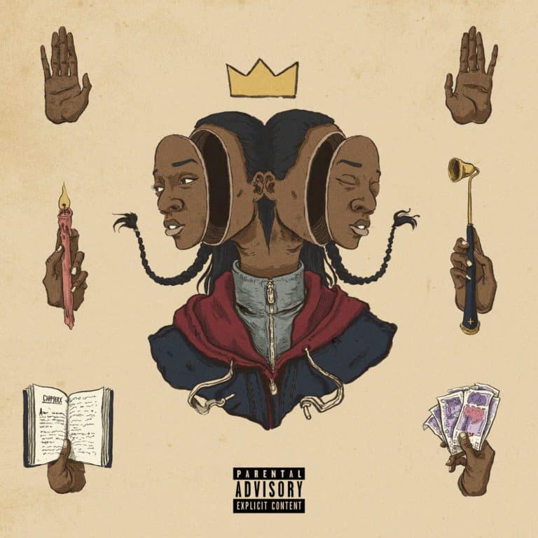 McKay Felt Imagines Outlandish And Cartoonish Illustrations Multi-faceted woman with dual heads, holding money, book, candle, and bell, representing creativity, knowledge, and spirituality.