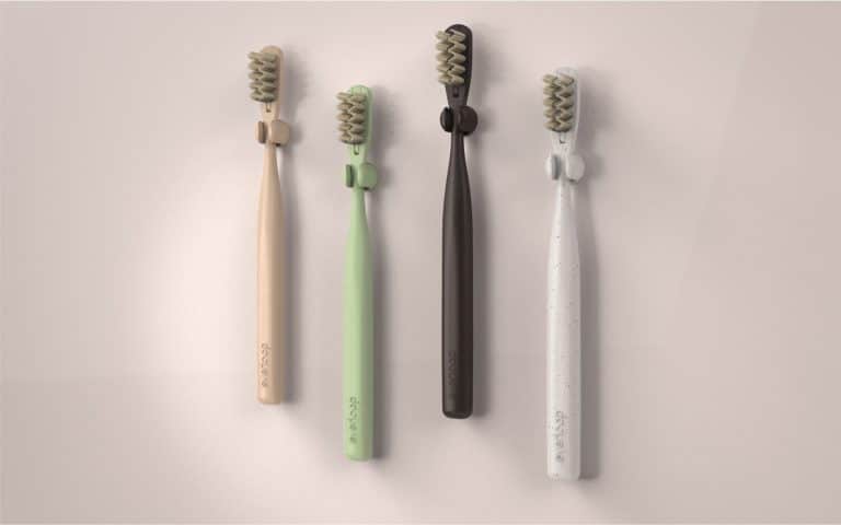 Colorful eco-friendly toothbrushes in pastel shades on a white wall wall art.