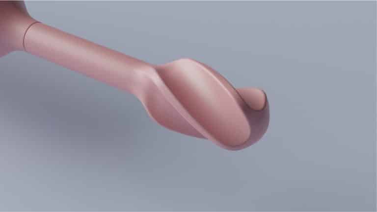 Sleek digital rendering of a human finger with a rounded, stylized nail in soft pink tones.