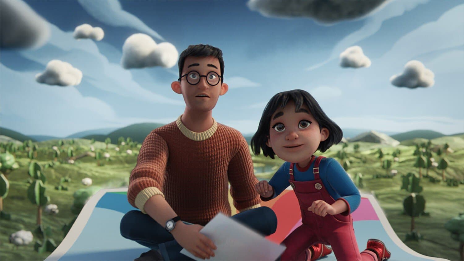 A2. Young animated man and girl character sitting outdoors, with a scenic cloud-filled sky and rolling green hills.