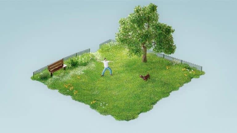 Nomographic Produces "Fetch" An Endless Cycle of Misfortune Lush green miniature park scene with a person, dog, trees, and park bench in a 3D illustration.