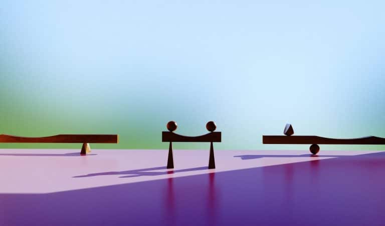 Liturgical Virtues Purpose A Matter As A Center Of Spirituality Colorful abstract balance scale sculpture with geometric shapes on pastel background.