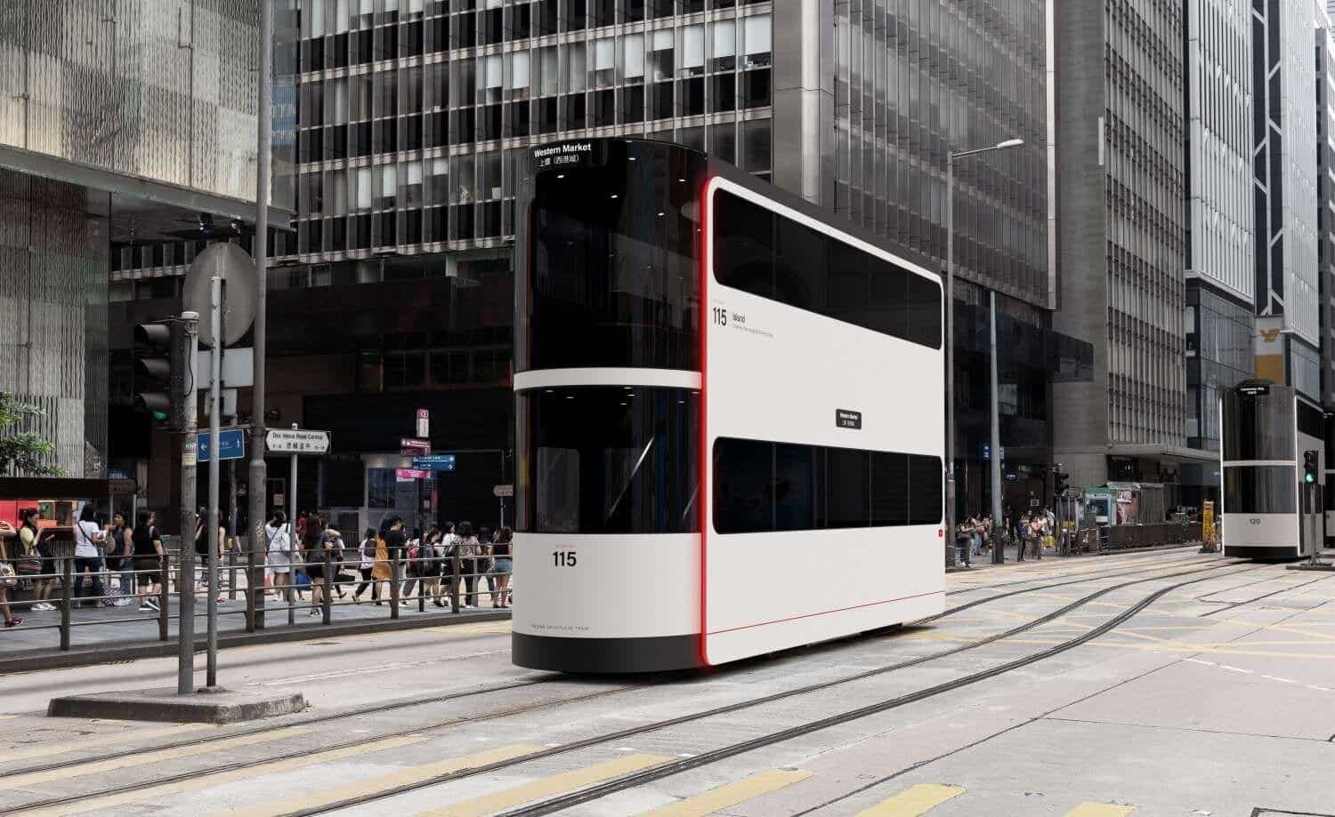 Modern streetcar in downtown city urban transit scene.