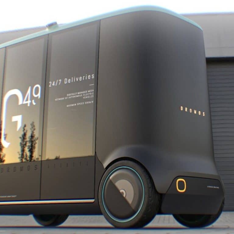 Autonomous delivery robot with sleek black design, equipped for 24/7 contactless electric deliveries.