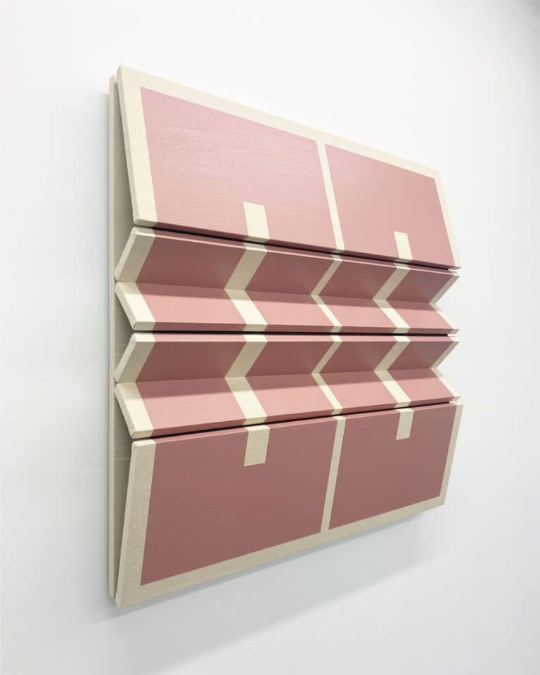 Robert Moreland's Work Outpours A Strong Sense Of Movement Vibrant wall art piece with geometric pink and beige panels, modern design, and textured surface.