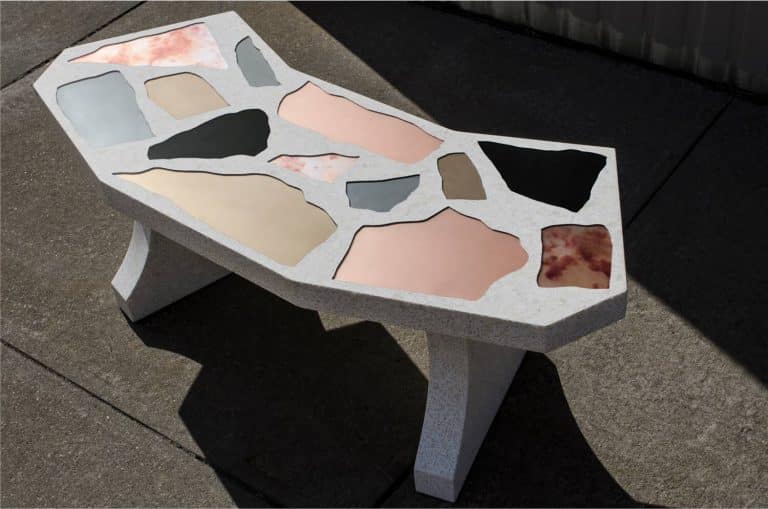 Colored Antique Mirrors Cast In Mirazzo Collection Colorful mosaic stone table with terrazzo finish for modern interior design.