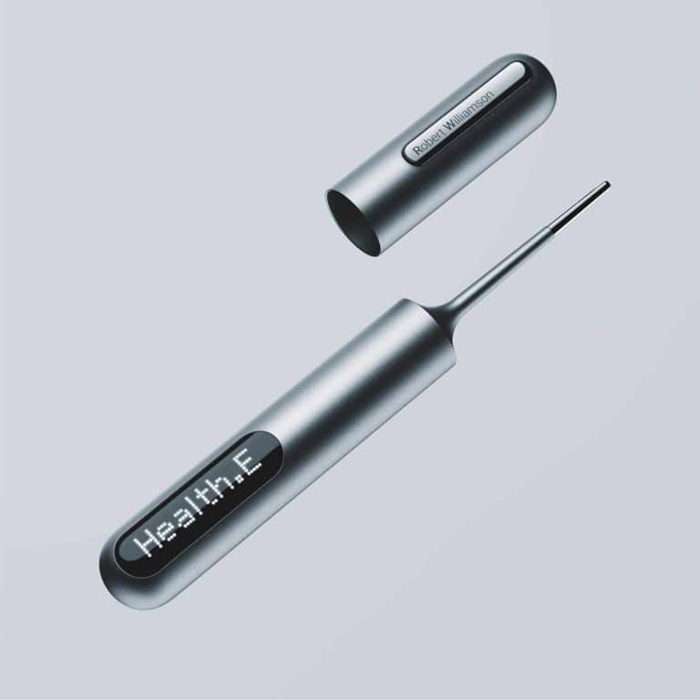 Sleek digital thermometer with LED display and temperature probe, modern design for healthcare accuracy.