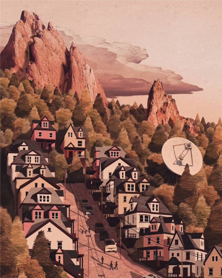 Sean O’Connor Illustrates Beautiful Landscapes And Different Utopic Towns Vibrant mountain village with colorful houses, lush trees, and a backdrop of towering rocky peaks, capturing scenic natural beauty.