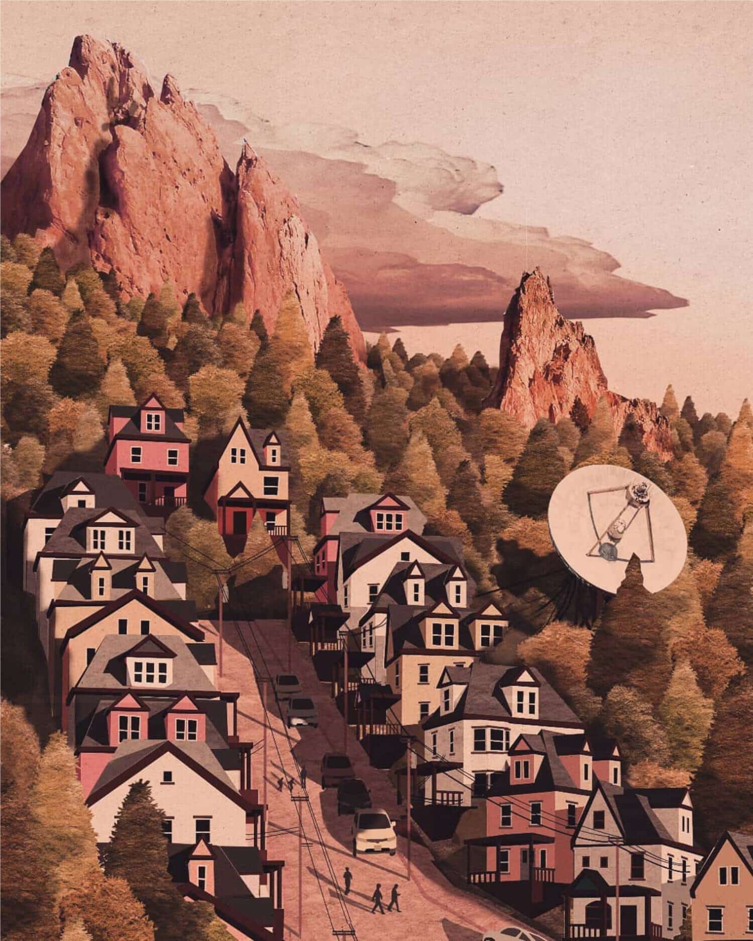 Vibrant mountain village with colorful houses, lush trees, and a backdrop of towering rocky peaks, capturing scenic natural beauty.