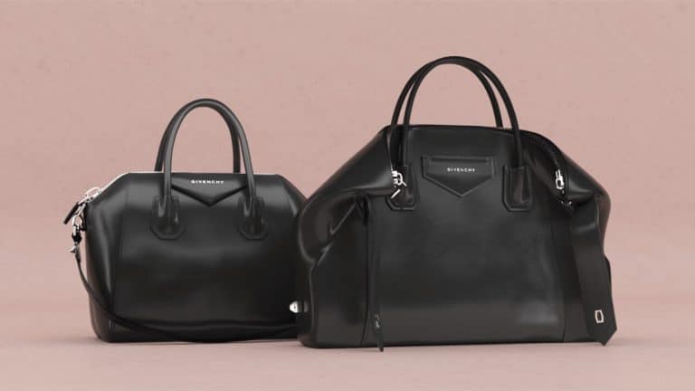 Shane Griffin Reassembles The Antigona Soft Handbag Black Givenchy designer handbags on a light pink background, showcasing luxury fashion accessories.