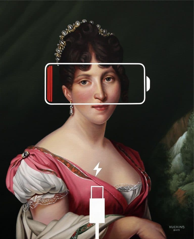 Shawn Huckins Hand Paints Early American Portraits With An Internet Twist Battery charging indicator overlay on a classical portrait of a woman in elegant attire, combining digital art with traditional portraiture, fine art style, high detail, vibrant colors, sharp focus, dramatic lighting, 4K resolution, smooth texture, art by J.W. Waterhouse and contemporary digital techniques, modern art museuma, exceptional quality.