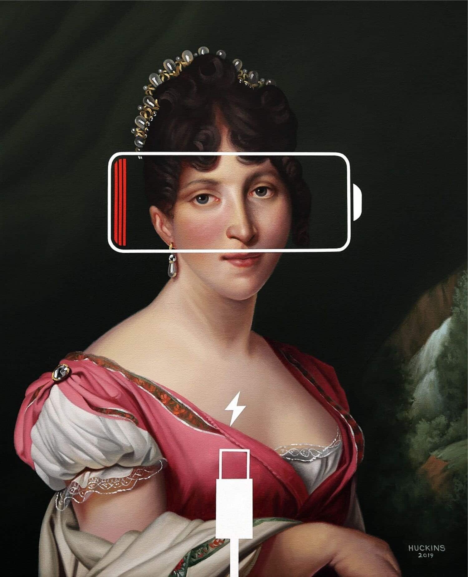 Battery charging indicator overlay on a classical portrait of a woman in elegant attire, combining digital art with traditional portraiture, fine art style, high detail, vibrant colors, sharp focus, dramatic lighting, 4K resolution, smooth texture, art by J.W. Waterhouse and contemporary digital techniques, modern art museuma, exceptional quality.