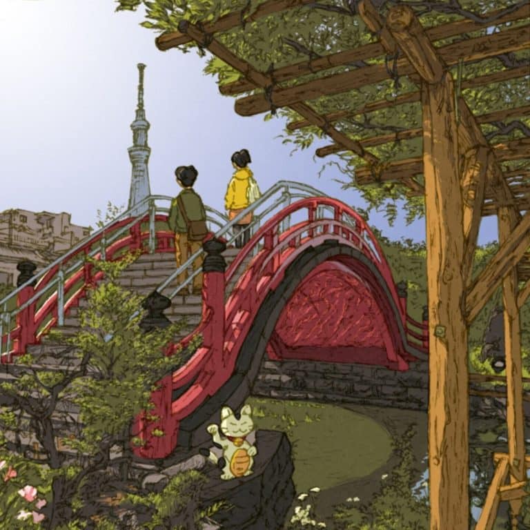Shinji Tsuchimochi Creates City Illustrations With Wood Printing Vibrant illustration of a traditional red Japanese bridge with visitors and lush greenery, emphasizing serene outdoor scenery.